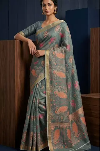 Sea green colour cotton erode weaving deer print saree with unstitched blouse