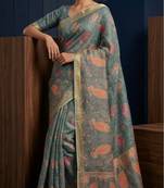 Sea green colour cotton erode weaving deer print saree with unstitched blouse