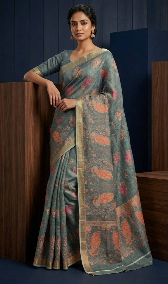 Sea green colour cotton erode weaving deer print saree with unstitched blouse