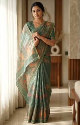 Sea green colour cotton erode weaving deer print saree with unstitched blouse 2