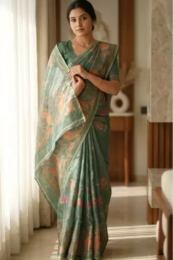 Sea green colour cotton erode weaving deer print saree with unstitched blouse
