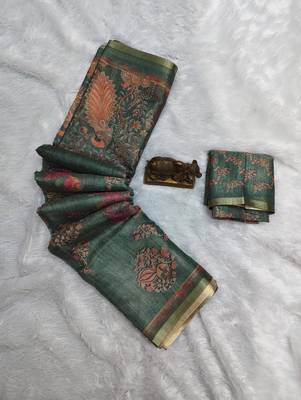 Sea green colour cotton erode weaving deer print saree with unstitched blouse 3