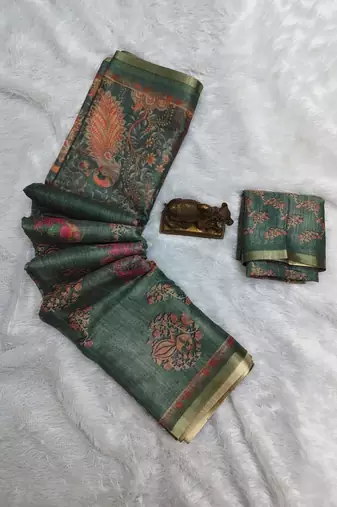 Sea green colour cotton erode weaving deer print saree with unstitched blouse