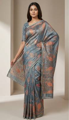 Powder blue colour cotton erode weaving deer print saree with unstitched blouse 1
