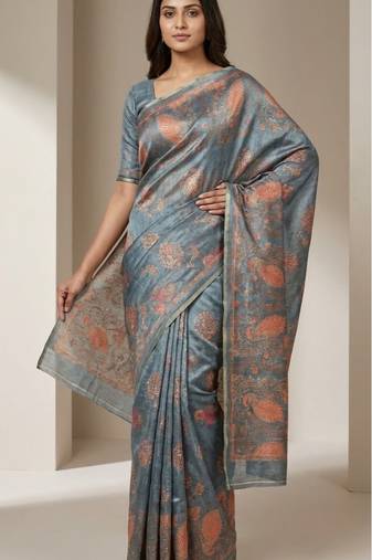 Powder blue colour cotton erode weaving deer print saree with unstitched blouse