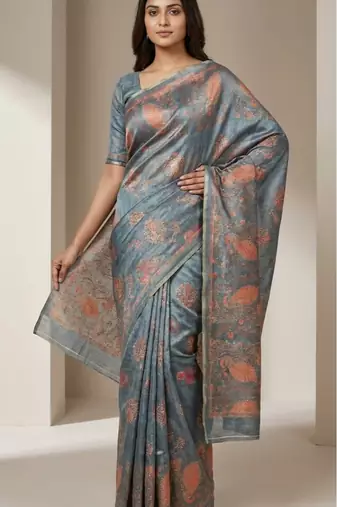 Powder blue colour cotton erode weaving deer print saree with unstitched blouse