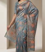 Powder blue colour cotton erode weaving deer print saree with unstitched blouse