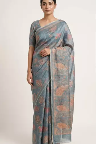 Powder blue colour cotton erode weaving deer print saree with unstitched blouse