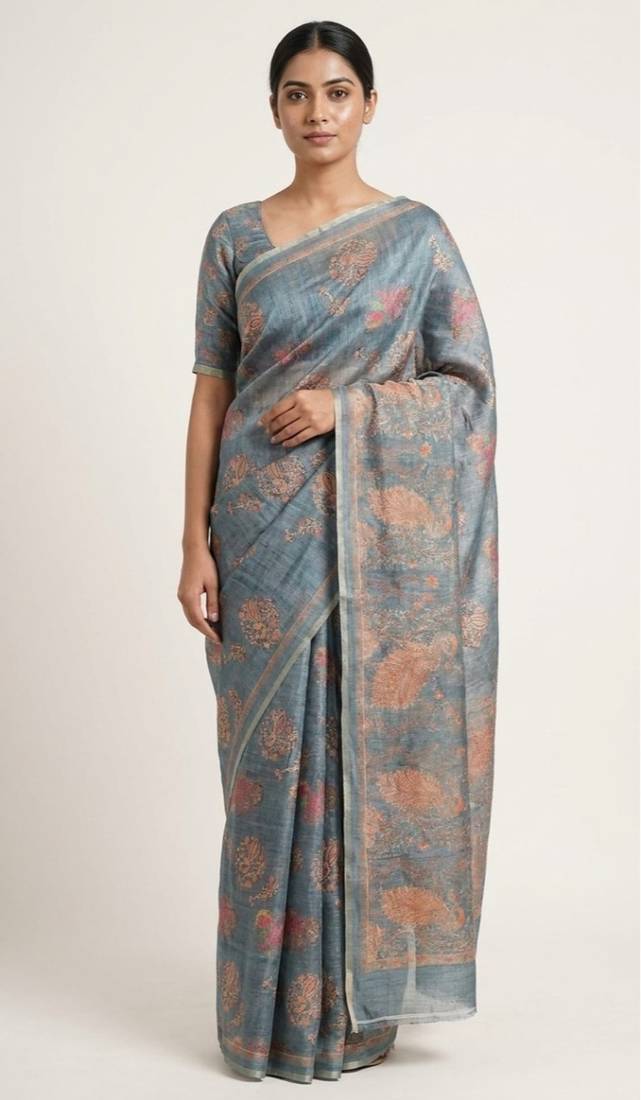 Powder blue colour cotton erode weaving deer print saree with unstitched blouse