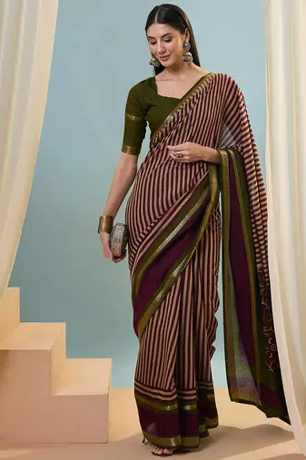 Wine color one minute ready made cotton saree with unstitched designer blouse