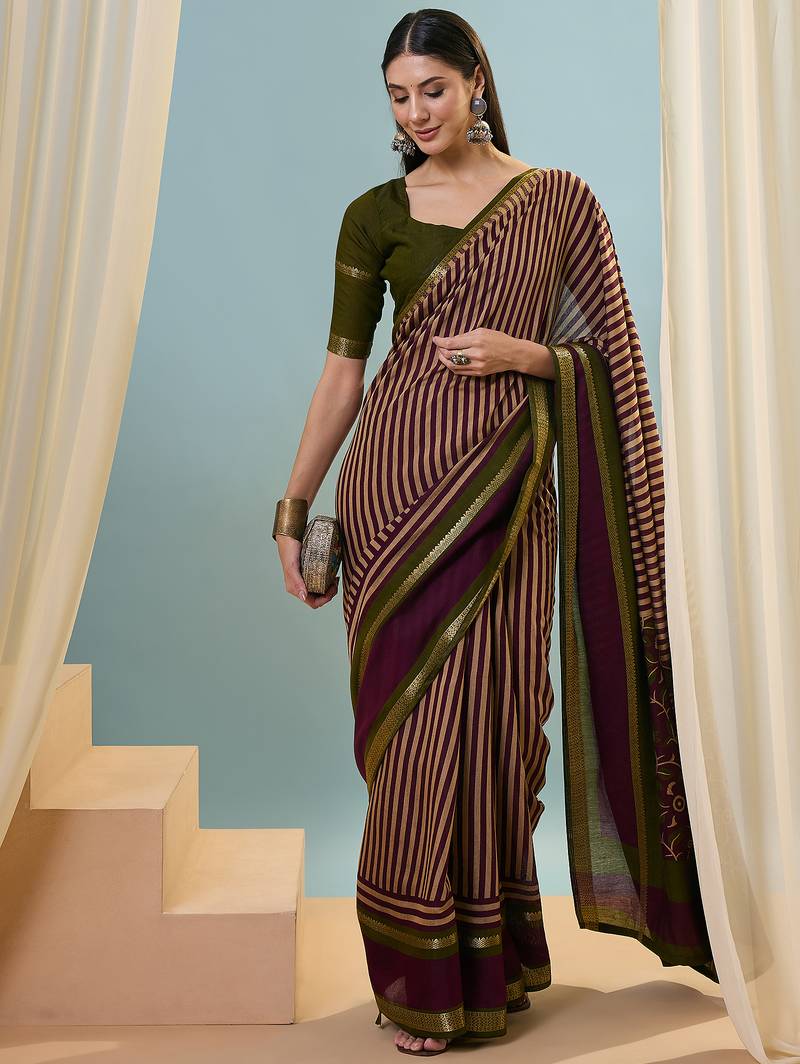 Wine color one minute ready made cotton saree with unstitched designer blouse