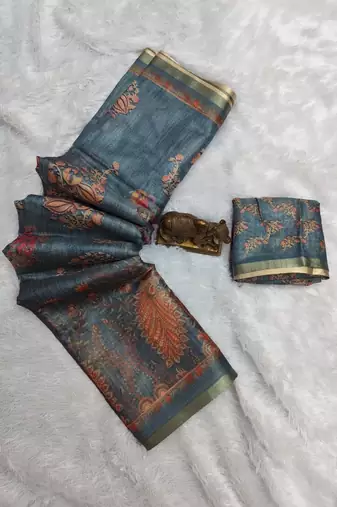 Powder blue colour cotton erode weaving deer print saree with unstitched blouse