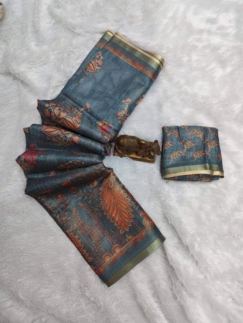Powder blue colour cotton erode weaving deer print saree with unstitched blouse