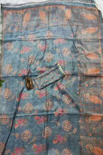Powder blue colour cotton erode weaving deer print saree with unstitched blouse