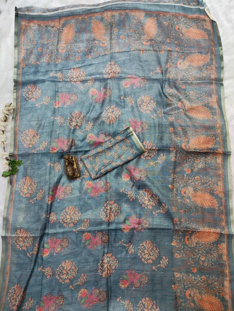 Powder blue colour cotton erode weaving deer print saree with unstitched blouse