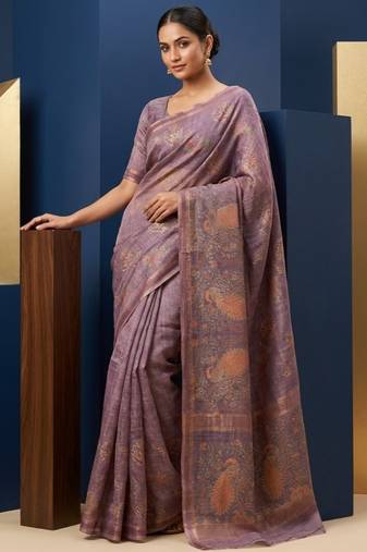 Lavender colour cotton erode weaving deer print saree with unstitched blouse