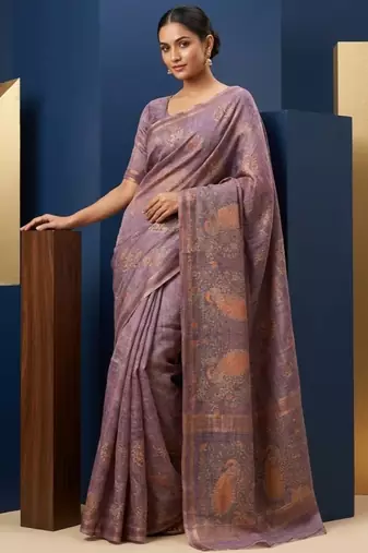 Lavender colour cotton erode weaving deer print saree with unstitched blouse