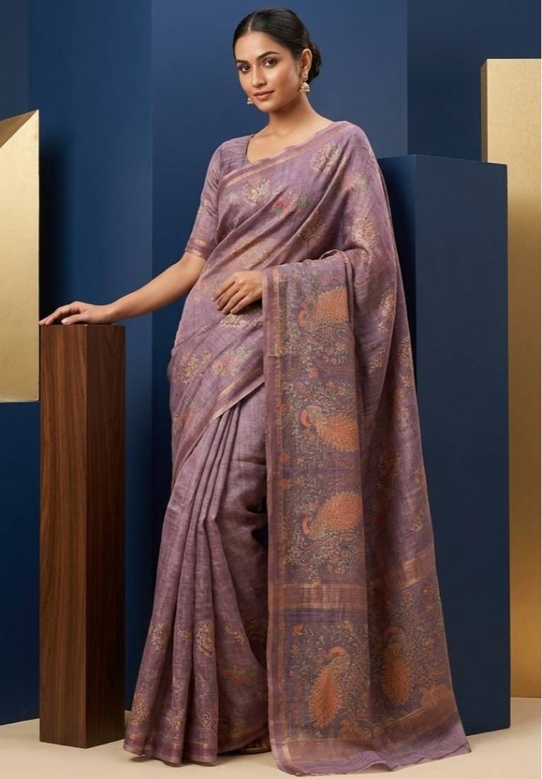 Lavender colour cotton erode weaving deer print saree with unstitched blouse