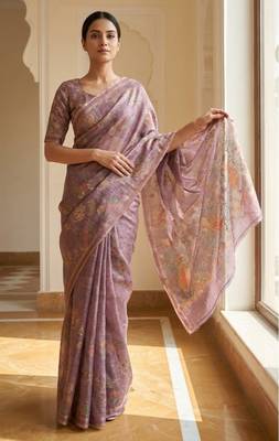 Lavender colour cotton erode weaving deer print saree with unstitched blouse 2