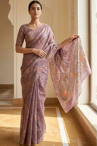 Lavender colour cotton erode weaving deer print saree with unstitched blouse