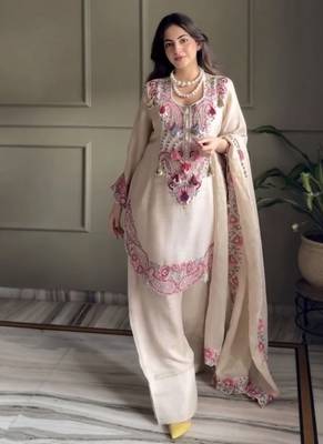 Off white colour heavy georgette embroidered farshi suit set with dupatta 1