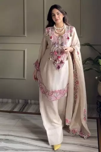 Off white colour heavy georgette embroidered farshi suit set with dupatta