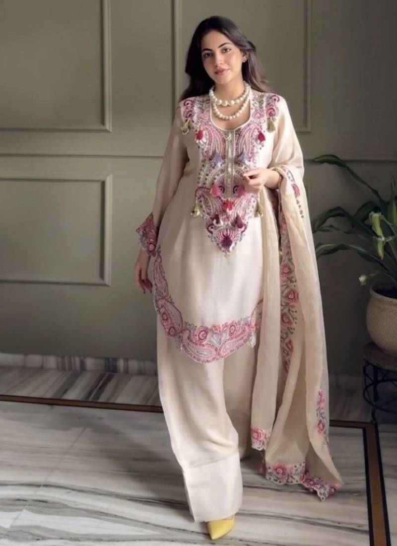 Off white colour heavy georgette embroidered farshi suit set with dupatta