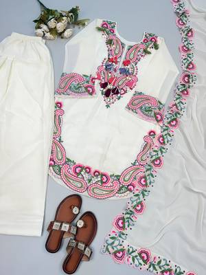 Off white colour heavy georgette embroidered farshi suit set with dupatta 2