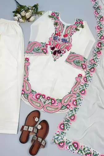 Off white colour heavy georgette embroidered farshi suit set with dupatta