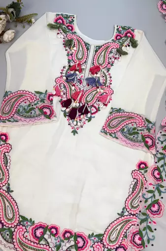 Off white colour heavy georgette embroidered farshi suit set with dupatta