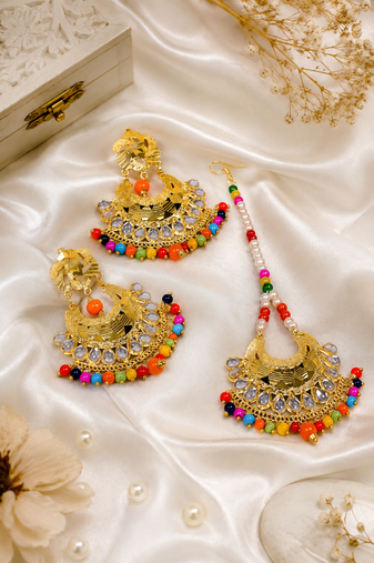 Wedding style kundan earrings and tikka