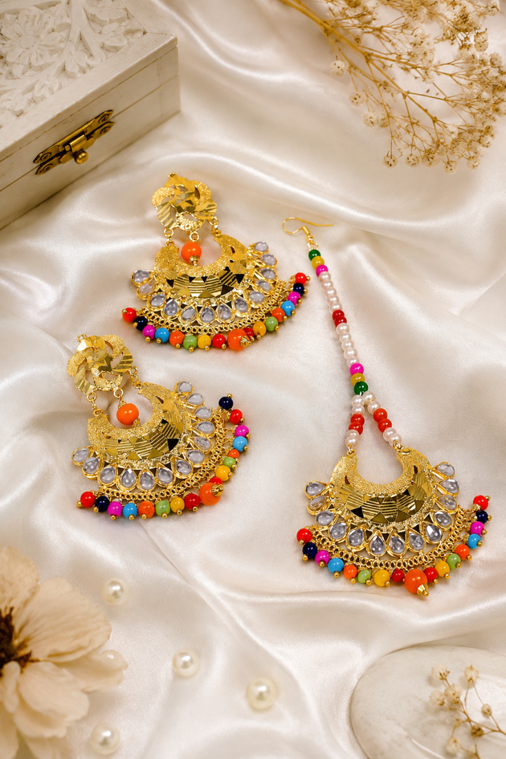 Wedding style kundan earrings and tikka