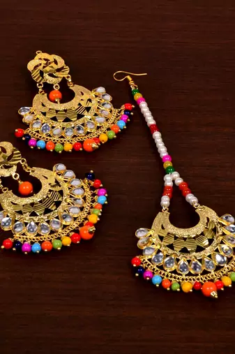 Wedding style kundan earrings and tikka