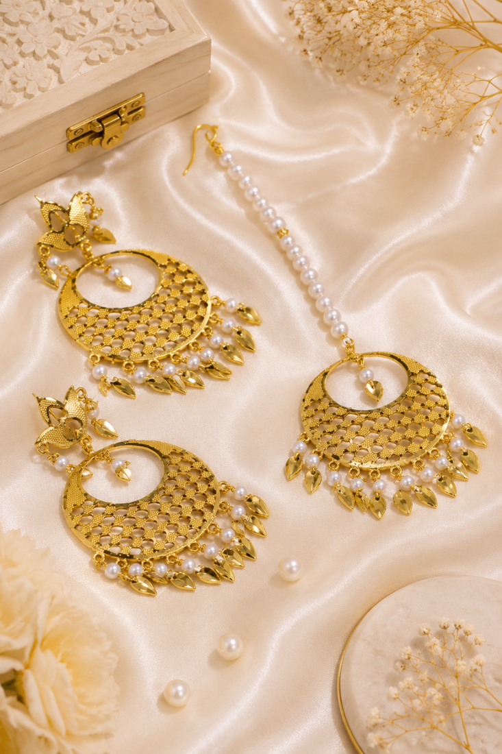 Traditional gold and pearl chandbali set