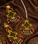 Festive multicolor gold tone earrings and tikka set
