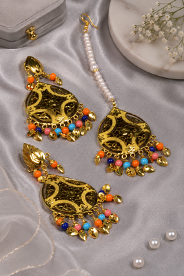 Festive multicolor gold tone earrings and tikka set 2