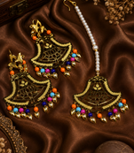 Festive lotus beaded earrings and maang tikka