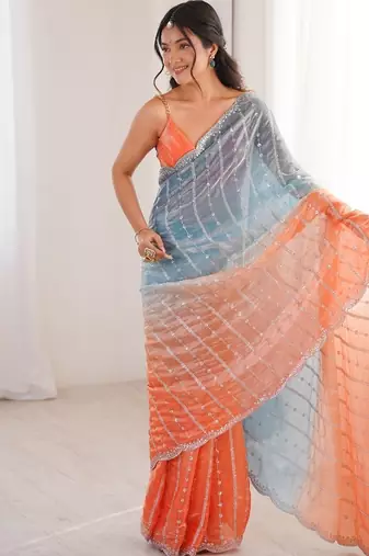 Blue colour fendy satin embroidered saree with unstitched blouse