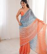 Blue colour fendy satin embroidered saree with unstitched blouse