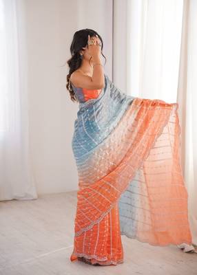 Blue colour fendy satin embroidered saree with unstitched blouse 3