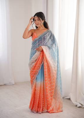 Blue colour fendy satin embroidered saree with unstitched blouse 4