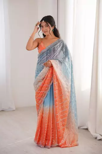 Blue colour fendy satin embroidered saree with unstitched blouse