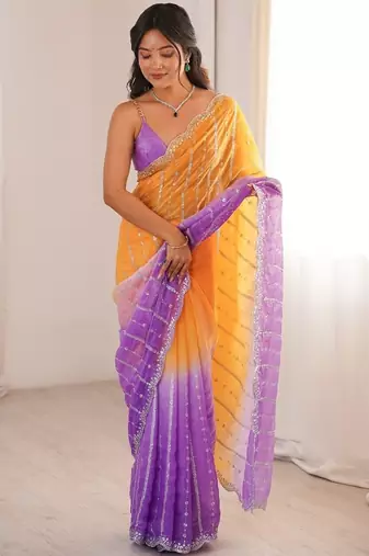 Lavender colour fendy satin embroidered saree with unstitched blouse
