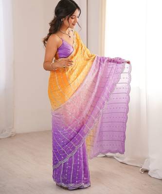 Lavender colour fendy satin embroidered saree with unstitched blouse 3