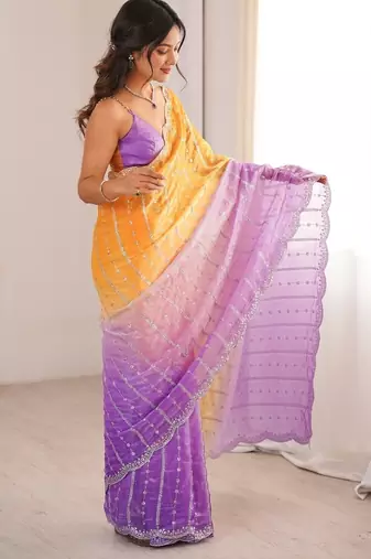 Lavender colour fendy satin embroidered saree with unstitched blouse