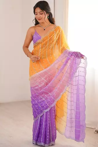 Lavender colour fendy satin embroidered saree with unstitched blouse