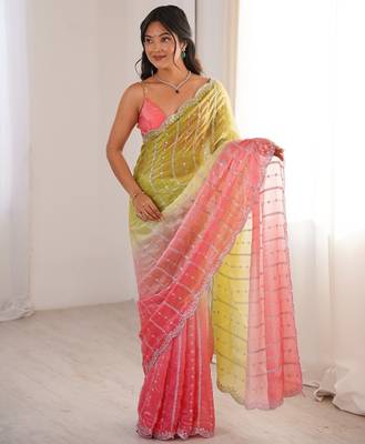 Coral colour fendy satin embroidered saree with unstitched blouse 1