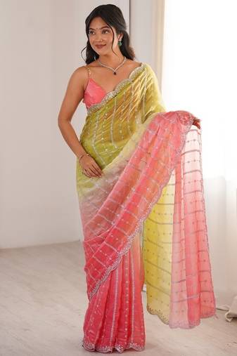 Coral colour fendy satin embroidered saree with unstitched blouse