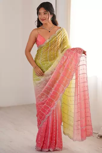 Coral colour fendy satin embroidered saree with unstitched blouse