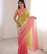 Coral colour fendy satin embroidered saree with unstitched blouse